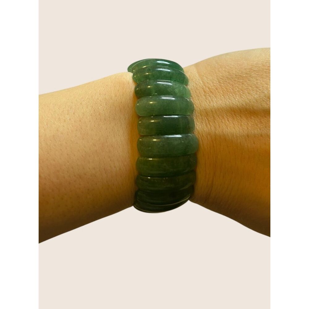 💚 VTG GREEN AVENTURINE STRETCH BRACELET RIBBED PANEL SEGMENTED Y2K CHUNKY